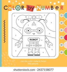 Color by number – cute Robot. Robotic Activities for kids.  Logic games for children. Coloring page. Games for children. Vector illustration. Square format.