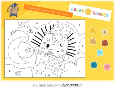 Color by number – cute sleeping hedgehog. Animals Activities for kids.  Coloring page for activity book. Vector illustration. Logic Game for boost of fine motor skills, thinking, attention, learning o