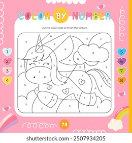 Color by number – Cute Unicorn. Pony Activities for kids.  Coloring page. Vector illustration. Square format. Logic Game for boost of fine motor skills, thinking, attention, learning of numbers.