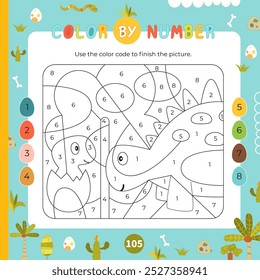 Color by number – dinosaurs. Dino Activities for kids.  Coloring page. Vector illustration. Square format. Logic Game for boost of fine motor skills, thinking, attention, learning of numbers.