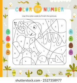 Color by number – dinosaurs. Dino Activities for kids.  Coloring page for activity book. Vector illustration. Square format. Logic Game for boost of fine motor skills, thinking, attention, learning 