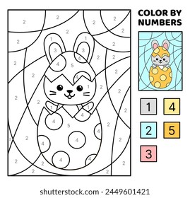 Farbe nach Zahl. Osterhase aus Ei geschlüpft. Seite färben. Spiel für Kinder. Cartoon, Vektorgrafik. Isolierte Vektorillustration eps 10