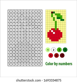 Color by number, education game for children. Cherry. Vector illustration.