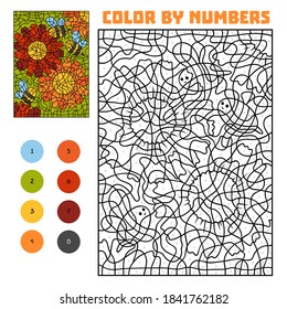 Color by number, education game for children, Bees and flowers