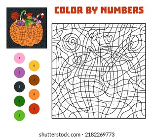 Color By Number, Education Game For Children, Halloween Pumpkin With Sweets