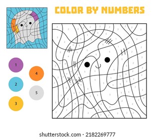 Color By Number, Education Game For Children, Ghost. Halloween Cute Character