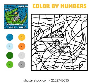 Color by number, education game for children, Crocodile swims and reads a newspaper