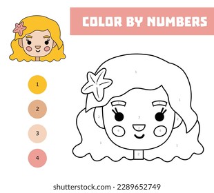 Color by number, education game for children, Cute cartoon mermaid face