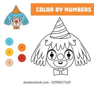 Color by number, education game for children, Clown face in a hood
