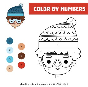 Color by number, education game for children, cute cartoon boy wearing ski goggles and a hat