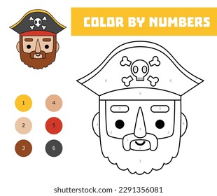 Color by number, education game for children, Cute cartoon pirate captain face with a hat