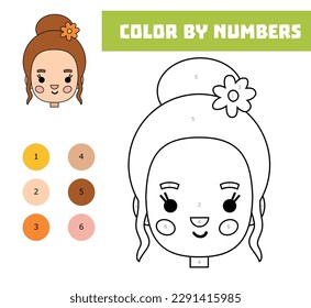 Color by number, education game for children, Cute cartoon girl face with a flower in hair