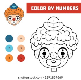 Color por número, juego de educación para niños, cara de payaso de dibujos animados