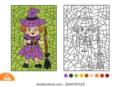Color by number, education game for children, cute Halloween character Witch and spider
