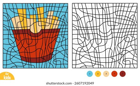Color by number, education game for children, French fries potato. Square coloring page