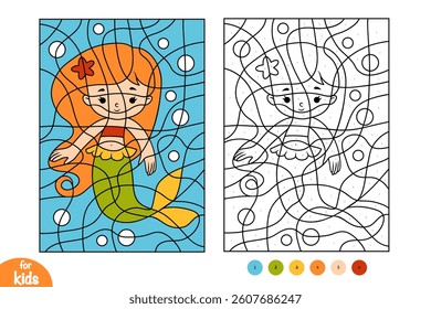 Color by number, education game for children, Cute cartoon Mermaid