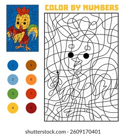 Color by number, education game for children, Chinese new year character rooster and festive envelope