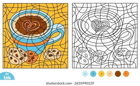 Color by number, education game for children, A cup of coffee with cookies. Square coloring page