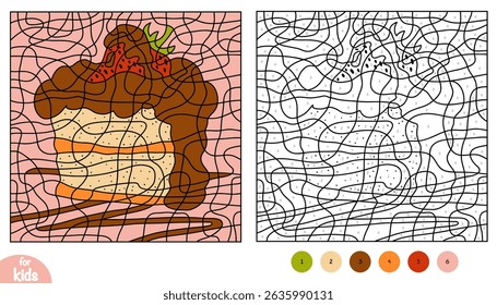 Cor por número, jogo educacional para crianças, Bolo. Página de coloração quadrada