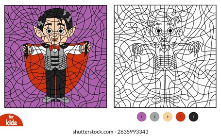 Colorir por número, jogo educacional para crianças, Vampire boy. Personagem bonito de Halloween. Página de coloração quadrada