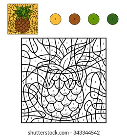 Color by number, education game for children: fruits and vegetables (pineapple)