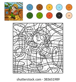 Color By Number, Education Game For Children (pirate Boy And Parrot)