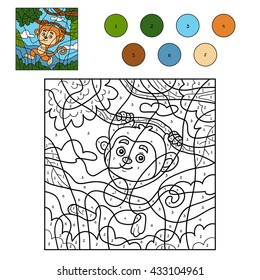 Color by number, education game for children. Little monkey on the tree