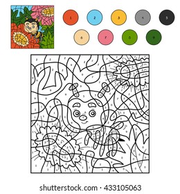 Color by number, education game for children. Little bee and flowers