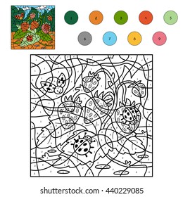Color by number, education game for children. Ladybugs and strawberries