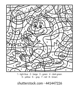 Color by number, education game for children. Monkey with a banana, black and white illustration