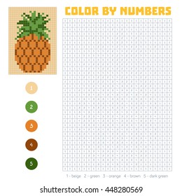 Color by number, education game for children. Fruits and vegetables, pineapple. Coloring book with numbered squares