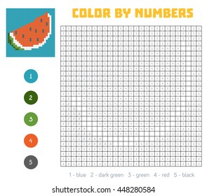 Color by number, education game for children. Fruits and vegetables, watermelon. Coloring book with numbered squares