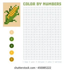 Color by number, education game for children. Fruits and vegetables, corn. Coloring book with numbered squares