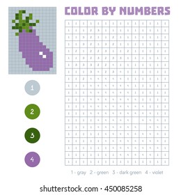 Color by number, education game for children. Fruits and vegetables, eggplant. Coloring book with numbered squares