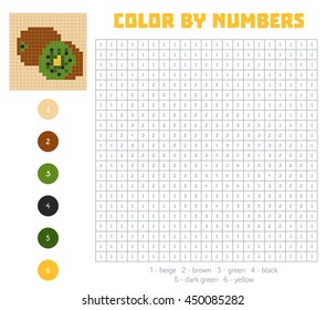 Color by number, education game for children. Fruits and vegetables, kiwi. Coloring book with numbered squares
