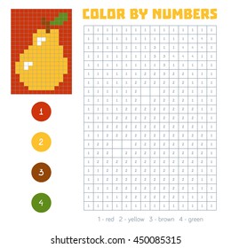 Color by number, education game for children. Fruits and vegetables, pear. Coloring book with numbered squares