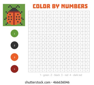 Color by number, education game for children. Coloring book with numbered squares, ladybug