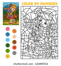 Color by number, education game for children, Girl and sheep