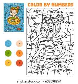 Color by number, education game for children, Swimming girl