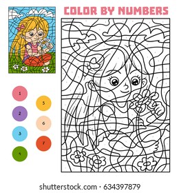 Color by number, education game for children, Girl with a flower