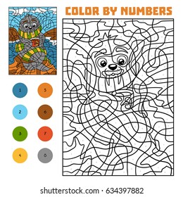 Color by number, education game for children, Walrus on the beach