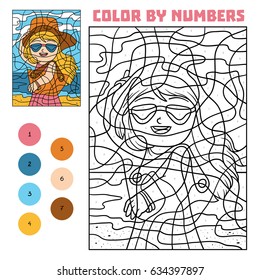 Color by number, education game for children, Girl in sunglasses