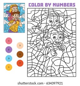 Color by number, education game for children, Father and daughter