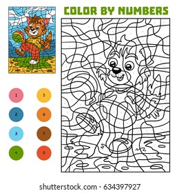 Color by number, education game for children, Cat with a ball