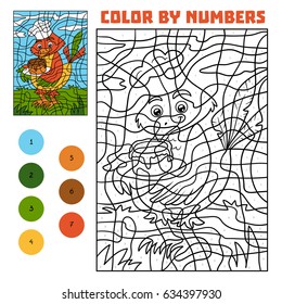 Color by number, education game for children, Bird with cake