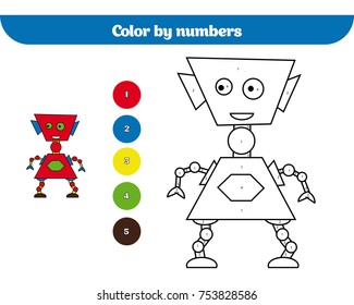Color by number, education game for children. Coloring page, drawing kids activity. Robot.