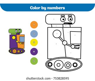 Color by number, education game for children. Coloring page, drawing kids activity. Robot.