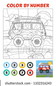 Color by Number ist ein pädagogisches Spiel für Kinder. roter Bus Vektor EPS10