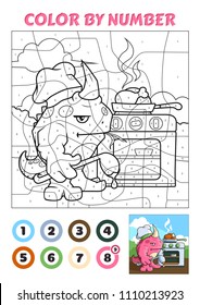 Color by Number is an educational game for children. Grumpy pink monster cooks dinner. Two versions. Coloring book page with example