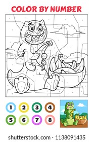 Color by Number is an educational game for children. Happy green monster eating bananas.